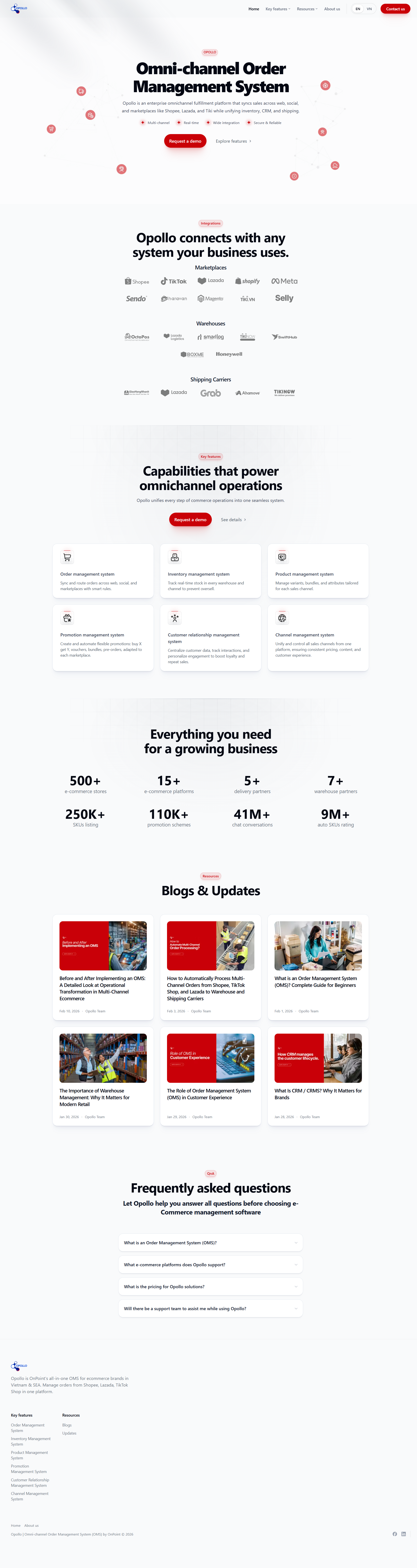 Full-page screenshot of the Opollo omni-channel order management website